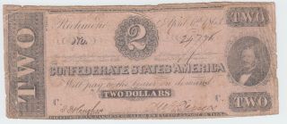 T61 Csa Confederate Currency 1863 $2 Dollars