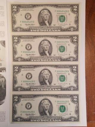 1995 Uncut U.  S.  Treasury Sheet Of Four Two Dollar Bills And Folio