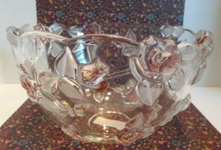 Mikasa Bella Rosa Glass Bowl Raised Pink Rose Frosted Leaf Germany 9 " Diameter