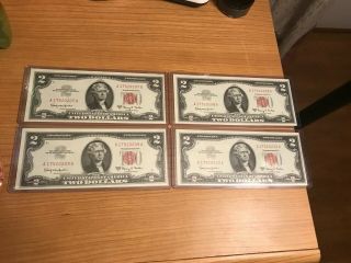 (4) - 1963 $2 Red Seal Two Dollar Bills Consecutive Numbered Crisp Uncirculated