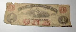 1862 Virginia Treasury Note Confederate Currency 1 One Dollar