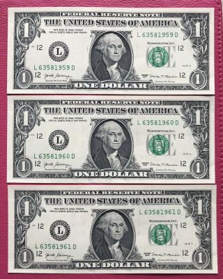 2017 (3) $1 Dollar Bill Birthday Year Consecutive Years 1959,  1960,  1961 Unc