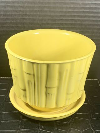 Vintage Mccoy Pottery Flower Pot Attached Base Planter Bamboo Yellow 4 "