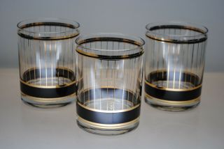 Vintage Set Of 4 Culver Devon Black Pattern Double Old Fashioned Glasses