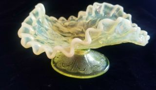 Dugan Glass Canary Yellow Vaseline Opalescent Question Marks Footed Compote Bowl