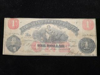 July 21st 1862 $1 One Dollar Virginia Treasury Note Obsolete Currency