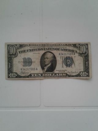 1934 $10 Ten Dollar Silver Certificate Note Blue Seal Imperfect