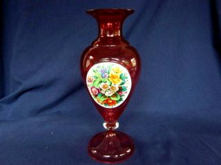 Vintage Cranberry Glass Moser Type Vase W/ Hand - Painted Floral Medallion Plaque