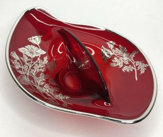Flanders Ruby Red Glass Divided Candy Relish Dish W Silver Floral Inlay & Trim