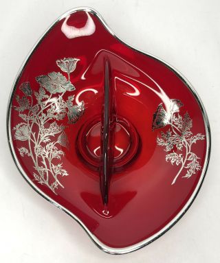 Flanders Ruby Red Glass Divided Candy Relish Dish w Silver Floral Inlay & Trim 2