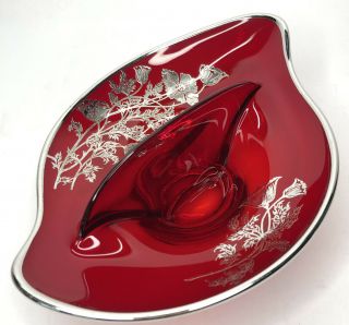 Flanders Ruby Red Glass Divided Candy Relish Dish w Silver Floral Inlay & Trim 3