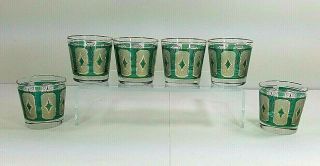 6 Vintage Mcm Libbey Rocks / Lowball Glasses - Green & Gold Diamond Design - 8oz