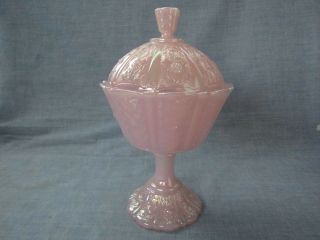 Fenton Iridescent Glass Pink Paneled Daisy Tall Covered Candy 9 " High