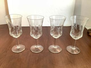 Set Of 4 Vintage Stemmed Wine Glasses Etched Floral Leaves