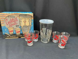 Vintage Anchor Hocking Cocktail 7 Piece Set " Cherries " (6) Glasses (1) Shaker
