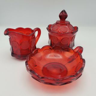 Vintage Fostoria Red Coin Glass Covered Dish,  Bowl And Creamer