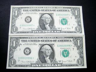 (2) $1 1969 D Star Con Federal Reserve Note Choice Unc Note Low Ooo