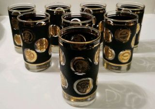 Set Of 8 • Vintage Libby Mid Century Black & Gold Coin High Ball Glasses