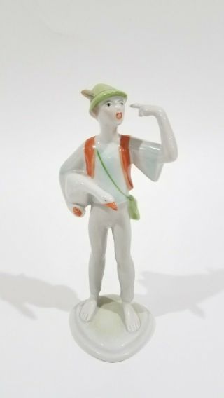 Vintage Hollohaza Hungary Kezzek Boy With Goose Porcelain Figurine
