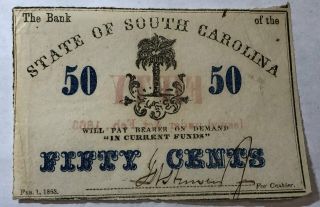 2/1/1863 50 Cents Note State Of South Carolina.  Xf - Au Crisp,  1 Fold.  12.
