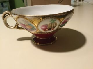 Vintage Lefton China Hand Painted Fruit Design Footed Tea Cup.  Gold And Burg