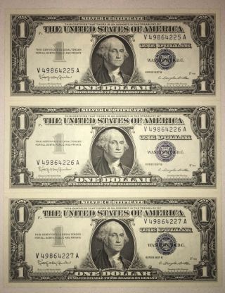 Set Of 3 Consecutive $1 Silver Certificates - Choice Uncirculated 1957