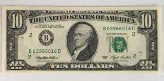 Gem Unc $10 1993 B03966016d B/d Block York Bank Ten Dollar Bill Frn