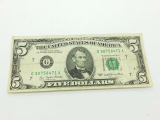 Old Paper Money 1977 Five $5 Dollar Bill Federal Reserve Note