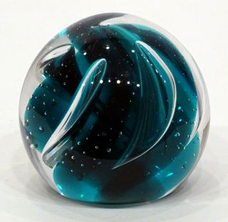 Vintage Caithness Studio Art Glass Steelblue Paperweight / Controlled Bubble