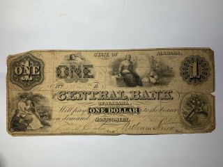 1861 $1 Central Bank Of Alabama Obsolete Bank Note Montgomery