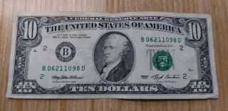 1993 $10 Dollar Bill Federal Reserve Of York B06211098d