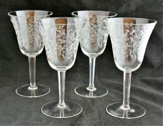 Vintage Set 4 Water Wine Glasses Goblets Etched Leaves,  Multisided Stem Unk103