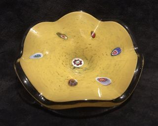 Vintage Murano Fratelli Toso Yellow Millefiori Cased Art Glass Ruffled Bowl
