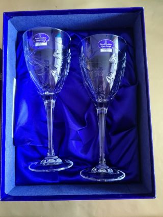 2 Royal Doulton Large Wine Glasses Jasmine Design,  Labels,  Box 7.  5/8 "