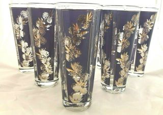 8 Dark Blue Gold Flowers Tall Collins Vtg Mid Century Modern 7 " 14 Oz Glasses