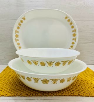 Vintage Corelle " Butterfly Gold " (2) Serving Bowls & Oval Serving Platter