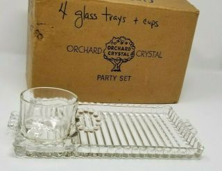 Set Of 4 Vintage Hazel Atlas Orchard Crystal Glass " Smoke & Snack " Trays W/ Cups