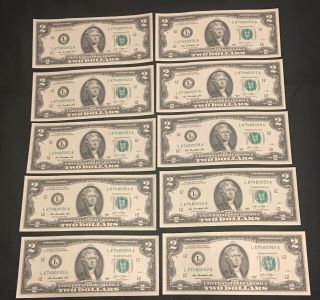 10 Crisp Uncirculated Two Dollar Bills $2 Notes Consecutive Serial Numbers