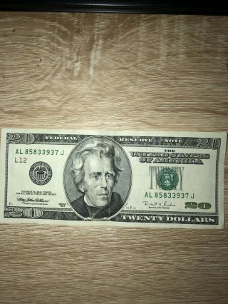 1996 $20 Twenty Dollar Bill Federal Reserve Note,  Serial Al85833937j