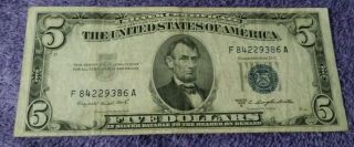 1953 B $5 Dollar Bill Old Us Paper Money Currency Blue Seal Note Real
