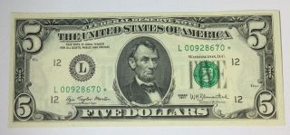 1977 $5 Federal Reserve Star Note Morton - Blumenthal Cu