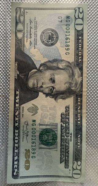 Us 20 Dollar Bill 2013 | Very Low Serial Number Mg00016189g