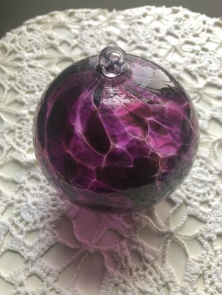 Vintage Kitras Art Glass 6 " Calico Purple Magenta Ornament Sun Catcher Ball