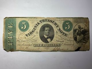 1862 $5 Virginia Treasury Note Obsolete Bank Note Richmond Virginia