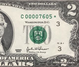 Fancy Serial Number $2 Dollar Star Note 2003 Philadelphia,  Low 0000.  Unci