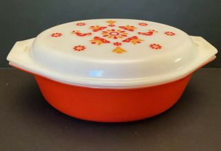 Vintage Pyrex Red Friendship Birds 045 Oval Casserole Dish 2 1/2 Quart W/lid Exc