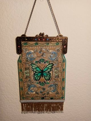 Vtg Stained Glass Window Hanging Amia Purse Design Butterfly Beaded Sun Catcher