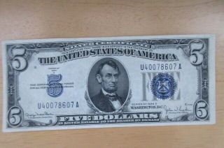 Us 1934 D Blue Seal Silver Certificate Five Dollar Bill - Crisp