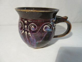 Hand Crafted Stoneware Pottery Coffee Cup Mug,  Signed,  In Browns & Purples,