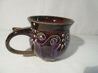 Hand Crafted Stoneware Pottery Coffee Cup Mug,  Signed,  in Browns & Purples, 3
